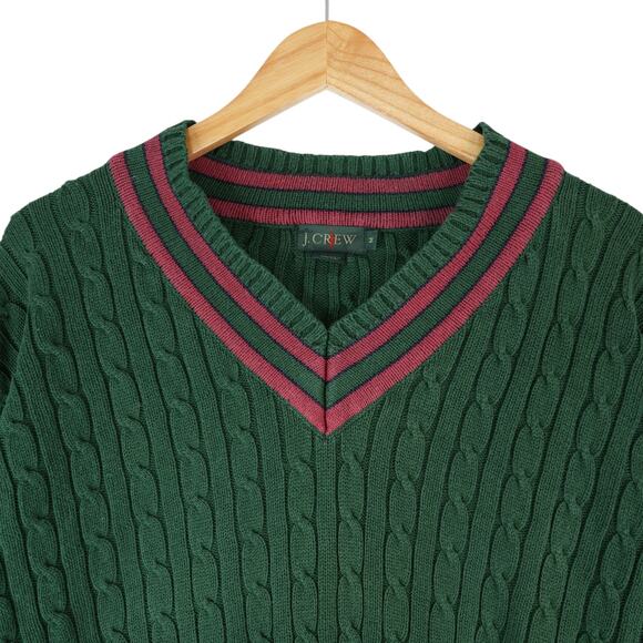 Vtg J. Crew Oarsman Cable Knit Sweater Mens M Green Red Preppy Tennis Christmas - Picture 1 of 6